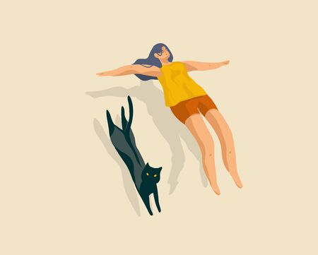Hand drawn vector stock abstract graphic cartoon illustration with self isolation alone girl and black cat relaxing levitate isolated on color backgroundのイラスト素材