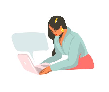 Hand drawn vector abstract stock graphic illustration with young female working on laptop computer and speech bubble isolated on white background.のイラスト素材
