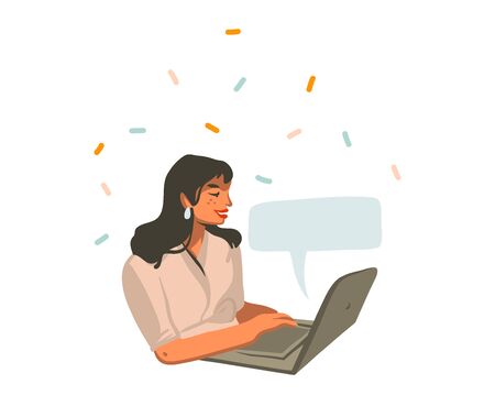 Hand drawn vector abstract stock graphic illustration with young smiling female working on laptop computer and speech bubble isolated on white backgroundのイラスト素材