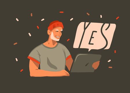 Hand drawn vector abstract stock graphic illustration with young smiling fashion outfit beard male working on laptop computer and chatting isolated on black backgroundのイラスト素材