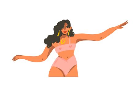 Hand drawn vector abstract stock graphic illustration with young smiling female dancing at home isolated on white backgroundのイラスト素材