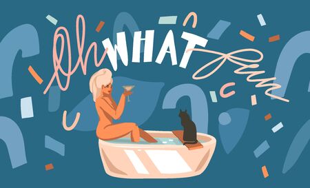Hand drawn vector abstract stock graphic illustration with young happy female takes a bath with a towel on her head and drinks a cocktail at home ,with black cat isolated on color collage backgroundのイラスト素材