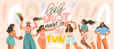 Hand drawn vector abstract stock graphic illustration with young smiling females dancing party at home and handwritten lettering quote isolated on white backgroundのイラスト素材