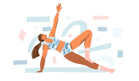 Hand drawn vector abstract stock graphic illustration with young happy female training at home isolated on white backgroundのイラスト素材