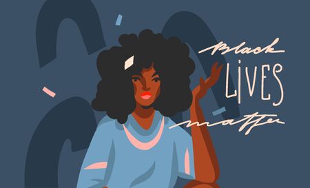 Hand drawn vector abstract stock graphic illustration with young black afro american beauty woman and Black lives matter lettering isolated on color collage shape background.のイラスト素材