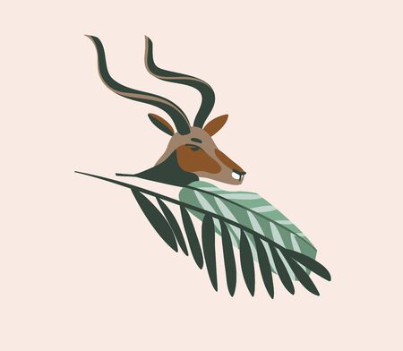Hand drawn vector stock abstract graphic illustration with African wild antelope head cartoon animal design isolated on background.のイラスト素材