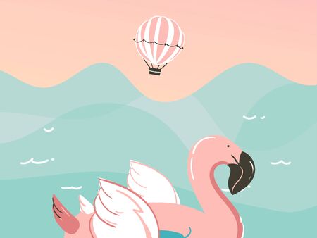Hand drawn vector stock abstract graphic illustration with a flamingo swimming rubber float rings in ocean waves landscape isolated on blue backgroundのイラスト素材