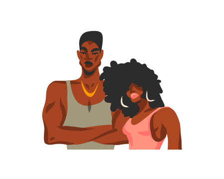 Hand drawn vector abstract stock flat graphic illustration with young happy african american beauty...