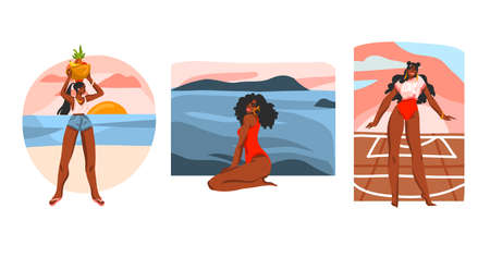 Hand drawn vector abstract stock flat graphic illustration collection set with young happy black afro american beauty females ,in everyday routine scenes creator isolated on white backgroundのイラスト素材