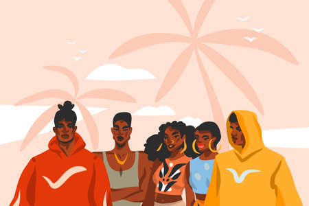 Hand drawn vector abstract stock flat graphic illustration with young black afro american beauty people group in fashion outfit on sundown view scene on the beach isolated on pink pastel backgroundのイラスト素材