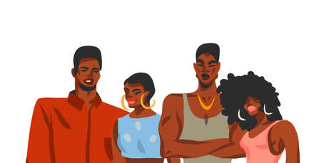 Hand drawn vector abstract stock flat graphic illustration with young happy african american beauty students women and men friends group isolated on white backgroundのイラスト素材