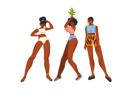 Hand drawn flat vector abstract stock graphic illustration collection set with young happy black afro american, beauty females in swimsuit and beach hat isolated on white background.のイラスト素材