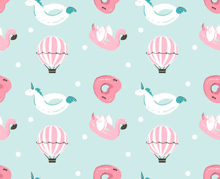 Hand drawn vector abstract summer time fun seamless pattern with pink flamingo float, unicorn swimming pool buoy ,heart shape circle and hot air balloon isolated on blue water background.のイラスト素材