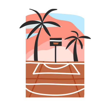 Hand drawn vector abstract stock flat graphic illustration with sundown beach scene of street basketball court isolated on white background.のイラスト素材