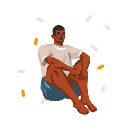 Hand drawn vector abstract stock graphic illustration with young happy black african american casual beauty man, in fashion outfit isolated on white background.のイラスト素材