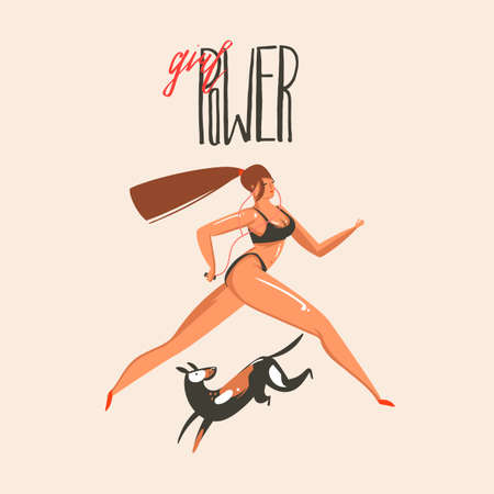 Hand drawn vector abstract graphic cartoon flat illustrations card template with running girl and dog isolated on pastel background.Girl Power conceptのイラスト素材