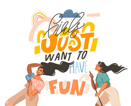Hand drawn vector abstract flat graphic illustration with young happy dancing positive females with Girls just want to have fun,handwritten calligraphy text isolated on pastel collage backgroundのイラスト素材