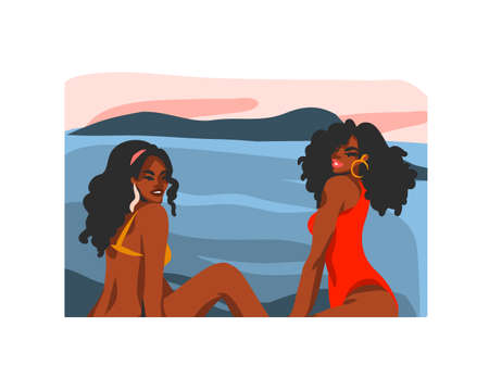 Hand drawn vector abstract stock flat graphic illustration with young happy black afro american beauty female,in swimsuit on sundown beach scene isolated on white backgroundのイラスト素材