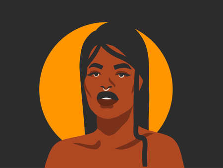 Hand drawn vector abstract stock flat graphic illustration with ethnic tribal black african american woman and golden full moon,isolated on black backgroundのイラスト素材