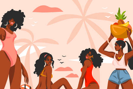 Hand drawn vector abstract stock flat graphic illustration with young ,happy black afro american beauty women group in swimsuit on sundown view scene on the beach isolated on pink pastel backgroundのイラスト素材