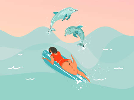 Hand drawn vector stock abstract graphic illustration with a swimsuit swimming surfing woman with a jumping dolphins isolated on blue ocean wave background.のイラスト素材