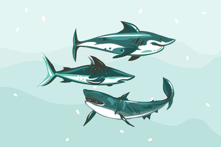 Hand drawn vector abstract stock flat graphic illustration with underwater swimming shark drawing collection set isolated on blue color backgroundのイラスト素材
