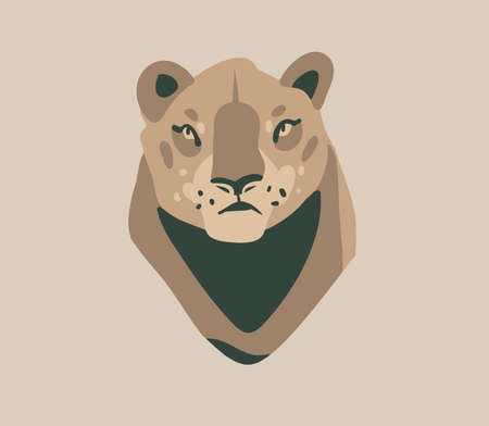 Hand drawn flat vector stock abstract graphic illustration with African wild lioness head cartoon animal design isolated on backgroundのイラスト素材