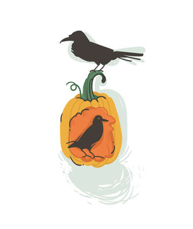Hand drawn vector abstract cartoon Happy Halloween illustration with pumpkin latern and ravens isolated on white background,のイラスト素材