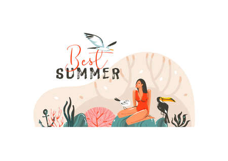 Hand drawn vector abstract stock flat graphic illustration with young ,happy beauty woman in...
