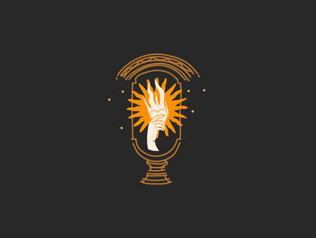 Hand drawn vector abstract stock flat graphic illustration with   elements ,gold sun and female hand in arch , magic line art in simple style for branding ,isolated on black backgroundのイラスト素材