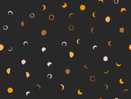 Hand drawn vector abstract flat stock graphic icon illustration sketch seamless pattern with celestial moon,sun and stars, mystic and simple collage shapes isolated on black backgroundのイラスト素材