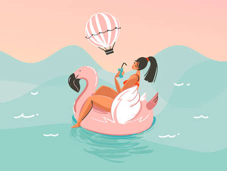 Hand drawn vector stock abstract graphic illustration with a girl in a swimsuit swimming with a pink flamingo rubber ring isolated on ocean wave backgroundのイラスト素材