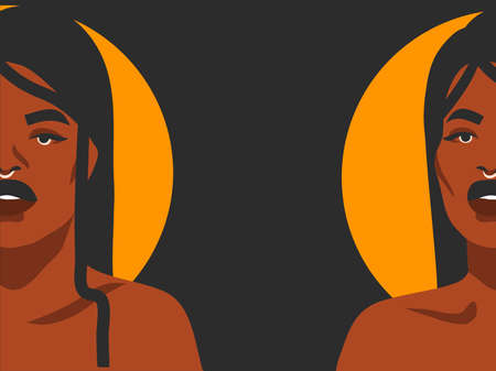 Hand drawn vector abstract stock flat graphic illustration with ethnic tribal black african american woman and golden full moon,isolated on black backgroundのイラスト素材