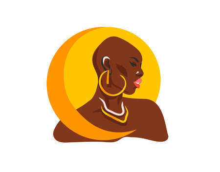 Hand drawn vector abstract stock flat graphic illustration with ethnic tribal black african american woman and golden full moon,isolated on white backgroundのイラスト素材