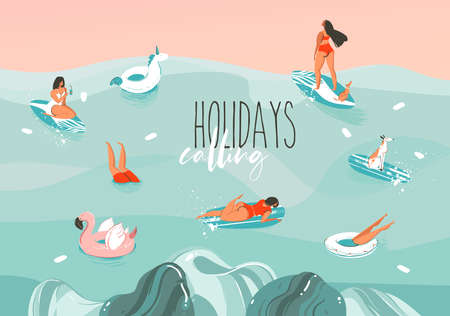 Hand drawn vector stock abstract graphic illustration with a funny sunbathing family people group in...