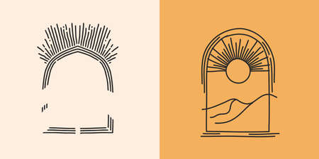 Hand drawn vector abstract stock flat graphic illustration with elements set,arch frame in line art style and silhouette,magic art in simple style for branding,isolated on color backgroundのイラスト素材