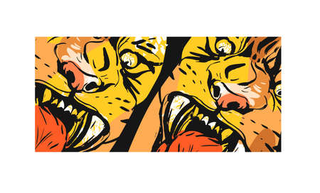 Hand drawn vector abstract graphic sketch ink drawing of tigers faces ,in orange colors isolated on...