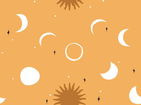 Hand drawn vector abstract flat stock graphic icon illustration sketch seamless pattern with celestial moon,sun and stars, mystic and simple collage shapes isolated on golden background.のイラスト素材