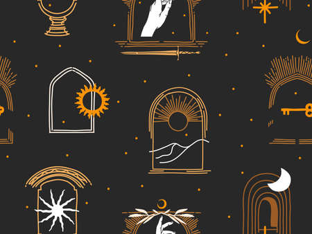 Hand drawn vector abstract flat stock graphic icon illustrations seamless pattern with celestial...