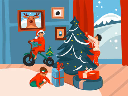 Hand drawn vector abstract fun stock flat Merry Christmas,and Happy New Year cartoon festive card with cute illustrations of Xmas baby kids at home together isolated on white backgroundのイラスト素材