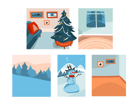 Hand drawn vector abstract fun stock flat Merry Christmas,and Happy New Year cartoon festive card with cute illustrations of Xmas scenes collection set bundle isolated on white backgroundのイラスト素材