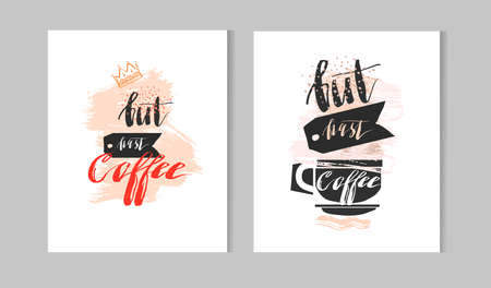 Christmas greeting card template design. A black coffee cup with typographic design and whipped cream with golden sprinkles.のイラスト素材