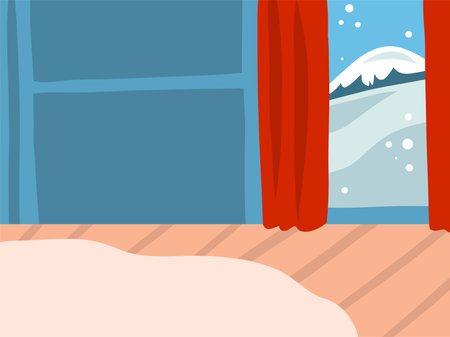 Hand drawn vector abstract stock flat Merry Christmas,and Happy New Year cartoon festive illustrations of winter window view in holiday home interior isolated on color backgroundのイラスト素材