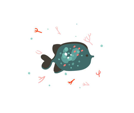 Hand drawn vector stock abstract flat cartoon graphic illustration with tropical summer ocean underwater funny fish isolated on white backgroundのイラスト素材