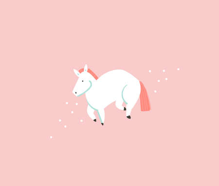 Hand drawn vector stock abstract flat cartoon graphic illustration with wizard simple style funny white pony isolated on pink pastel backgroundのイラスト素材