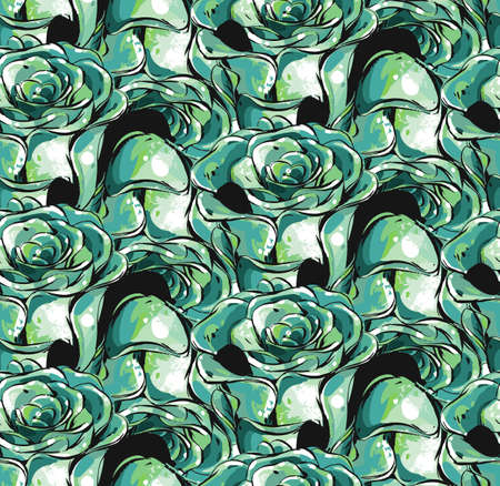 Hand drawn vector abstract ink brush grunge drawing textured crafted decoration succulent cacti flowers collage seamless pattern isolated on white backgroundの写真素材