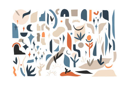 Hand drawn vector abstract stock graphic illustration collection set bundle with modern collage nature contemporary elements of branch,leaves,silhouettes,moon and stars isolated on white backgroundのイラスト素材