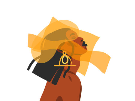 Hand drawn vector abstract stock flat graphic illustration with ethnic,feminine,boho tribal black beautiful african american woman,sun and magic in simple style ,isolated on white backgroundのイラスト素材