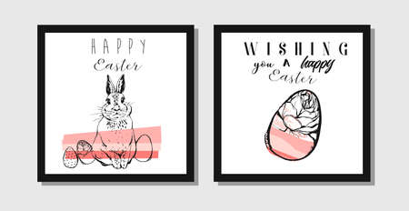 Hand drawn vector abstract creative Easter greeting postcard design template with painted Easter...