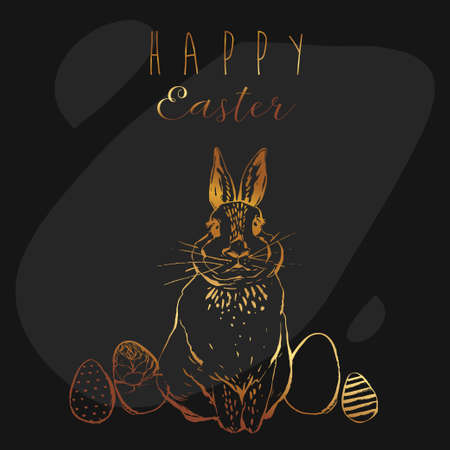 Hand drawn vector abstract funny poster with realistic rabbit,Easter eggs and Happy Easter quotes in golden colors isolated.Easter bunnies background.Cute trendy rabbit illustration.Easter greetingsのイラスト素材
